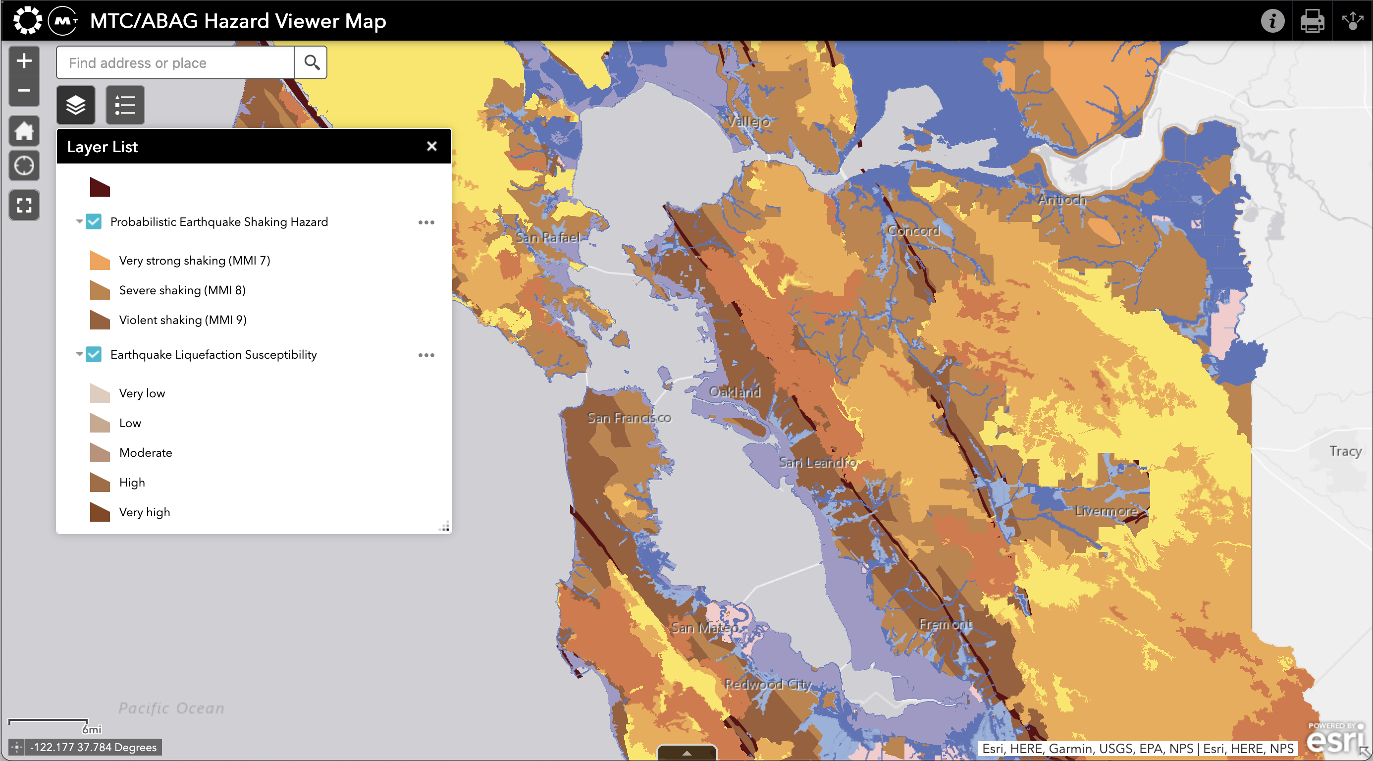 A multi-colored map of the Bay Area showing various types of natural disaster risk